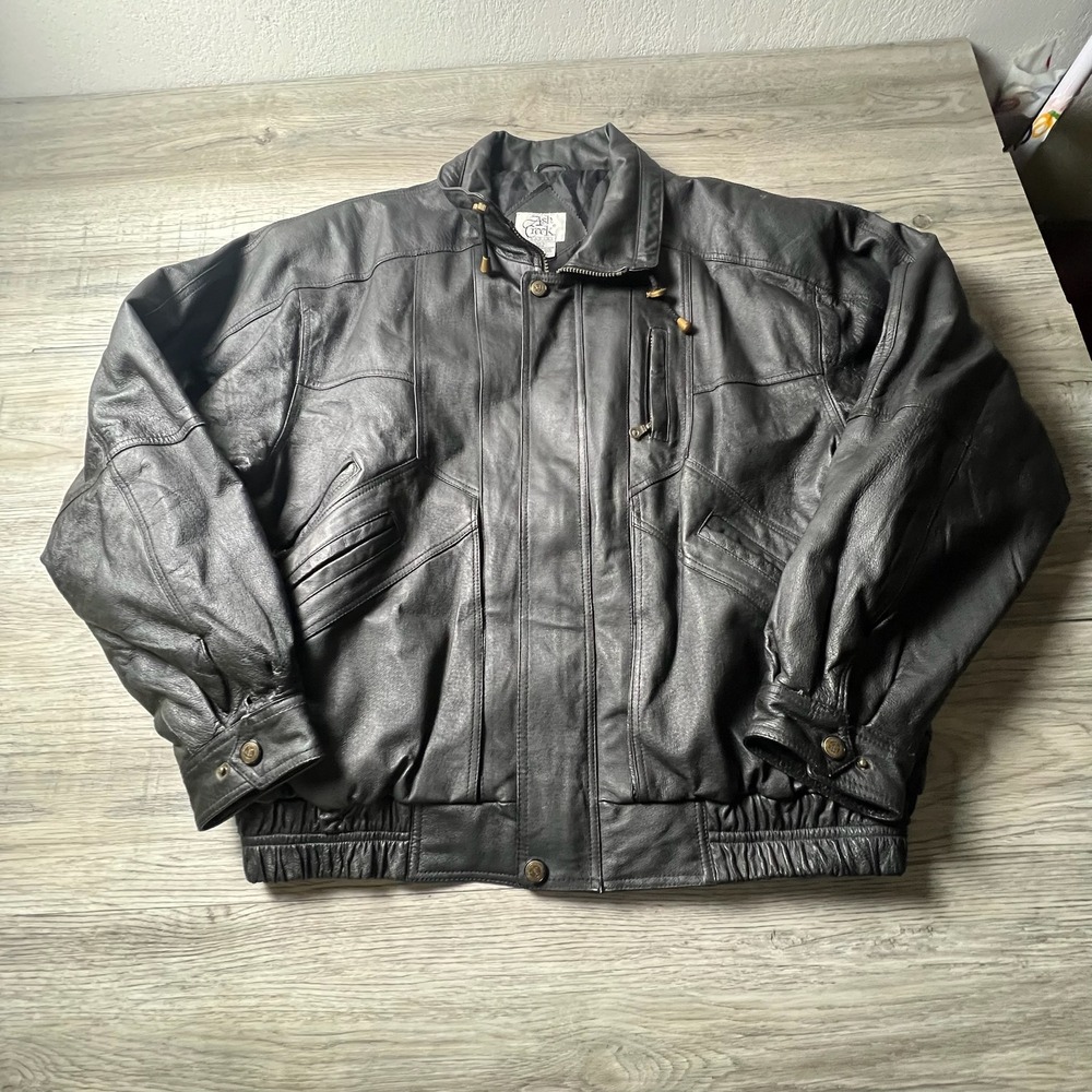 Ash Creek Trading Leather Jacket Mens XL Black Bomber Vintage Quilted Lined Zip